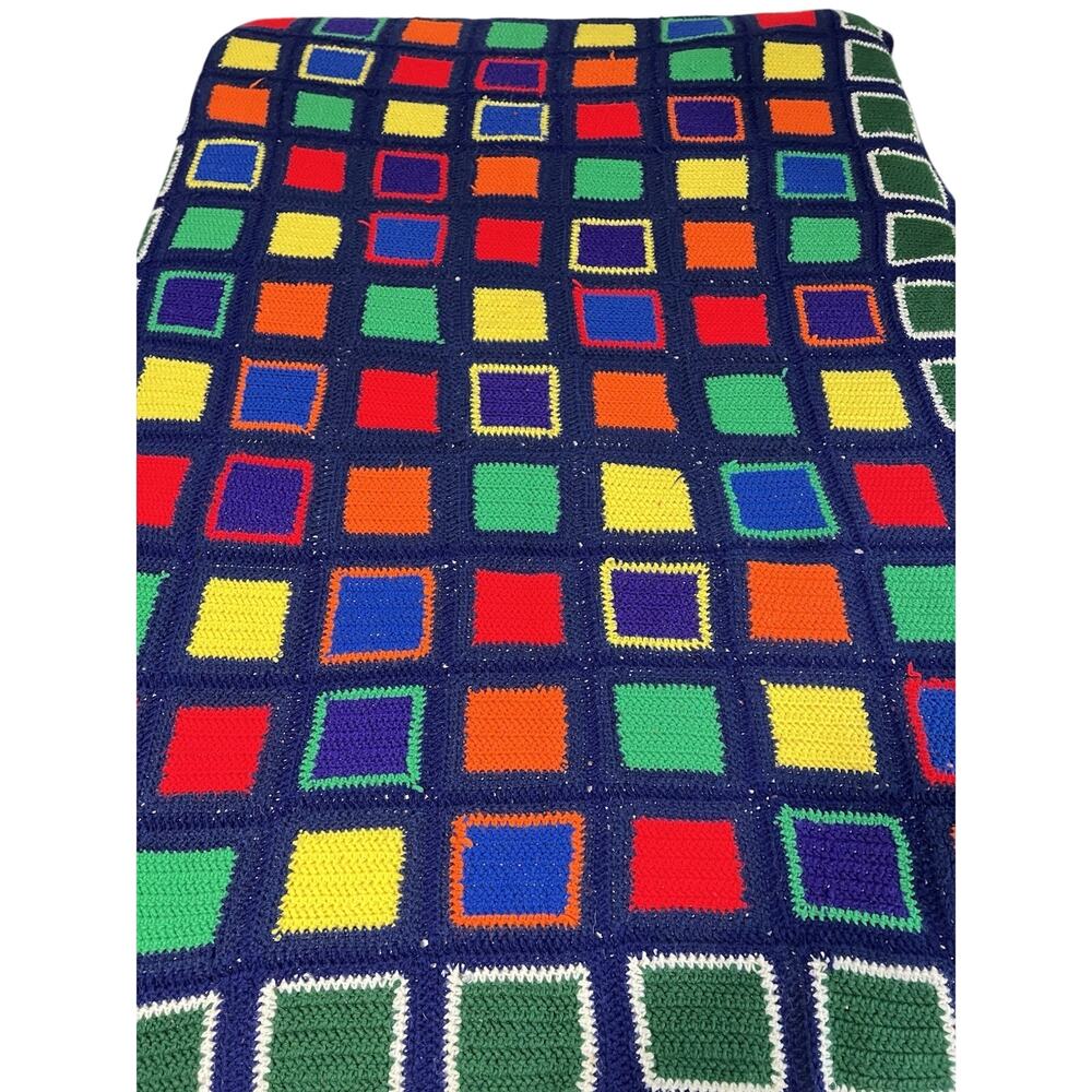 Vtg Crochet Afghan Blanket Granny Square Handmade Colorful Mod Retro Rainbow